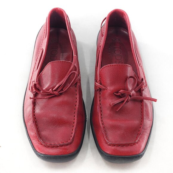 TOD'S Red Square Toe Bow Leather Driving Loafer Shoes - Picture 1 of 6